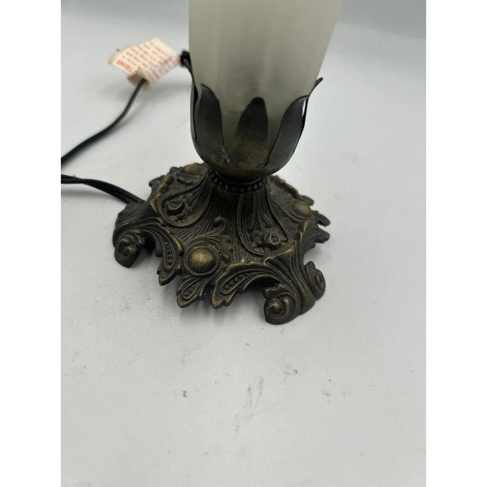 Vintage Frosted Glass Tulip Accent Lamp Ornate Bronze Tone Metal Scroll Base